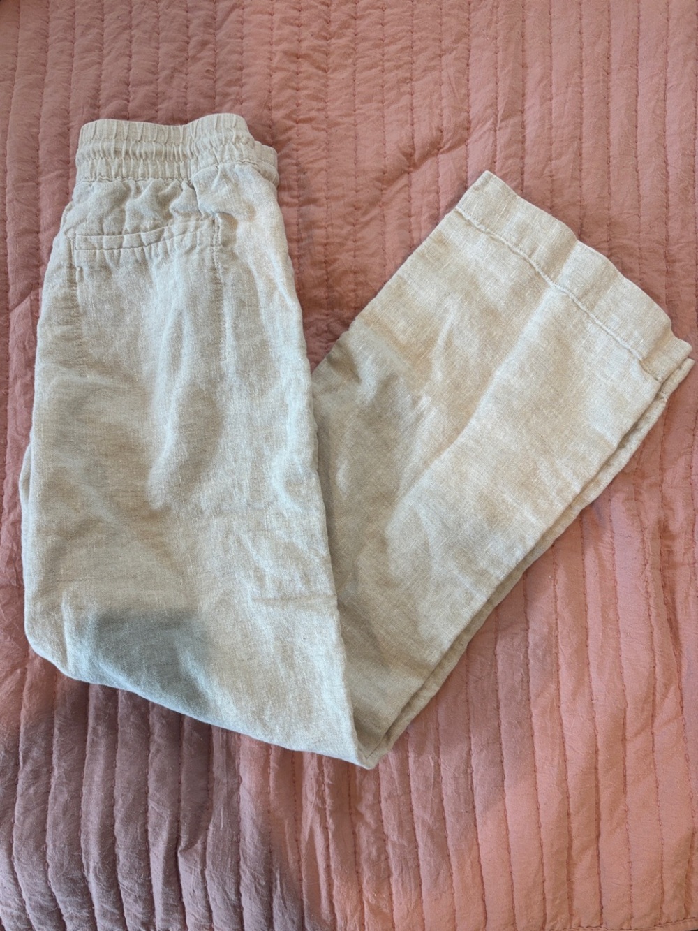 Neutral Beige Elastic-Waist Linen Blend Pants
